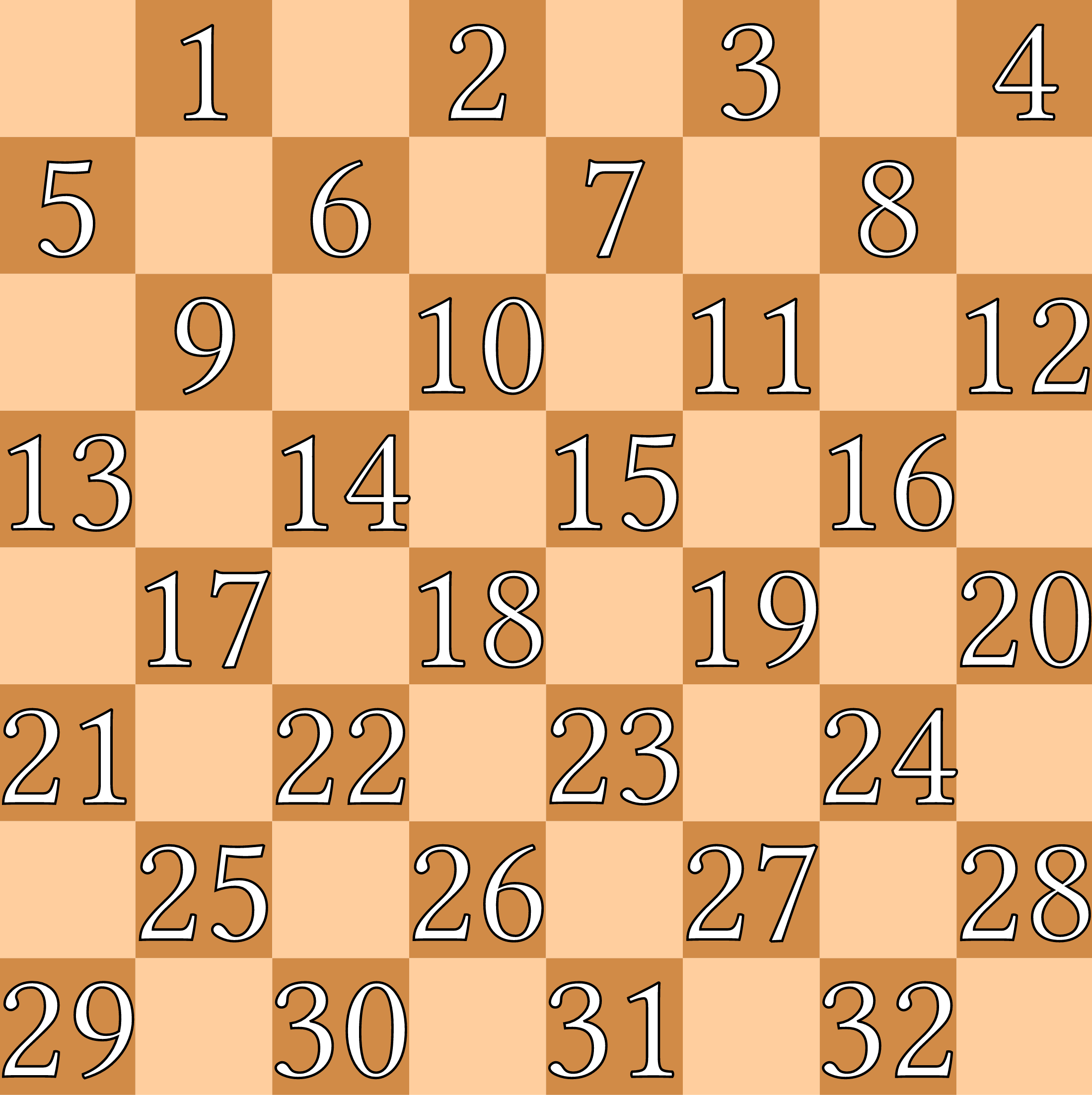 Das Damebrett, mit allen dunklen Feldern von 1 bis 32 durchnummeriert.